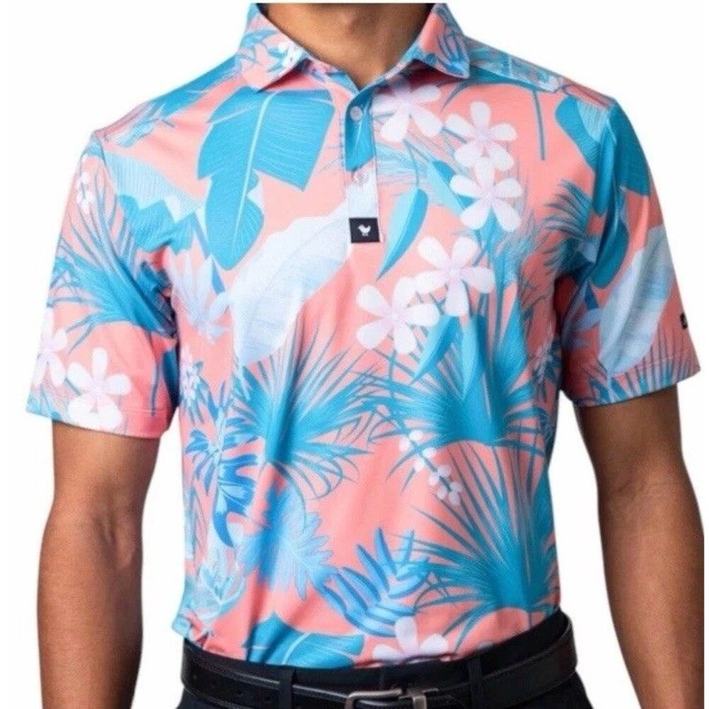 Bad Birdie Men's Riviera Frond Floral Golf Polo Shirt Peach/Blue Medium